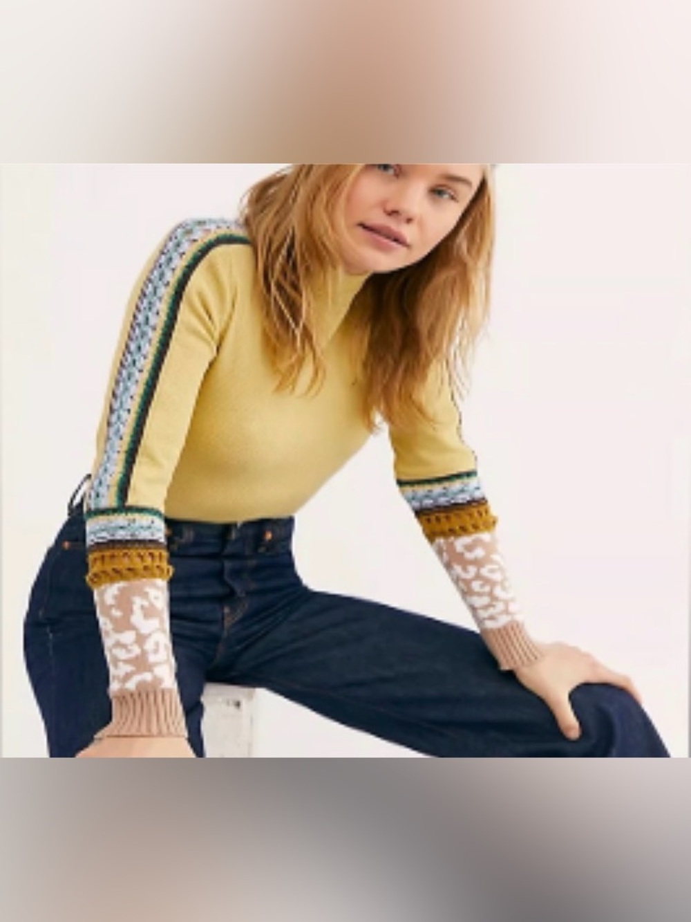 Free People Switch It Up Thermal Top Yellow Boho Crochet Leopard Sleeve S